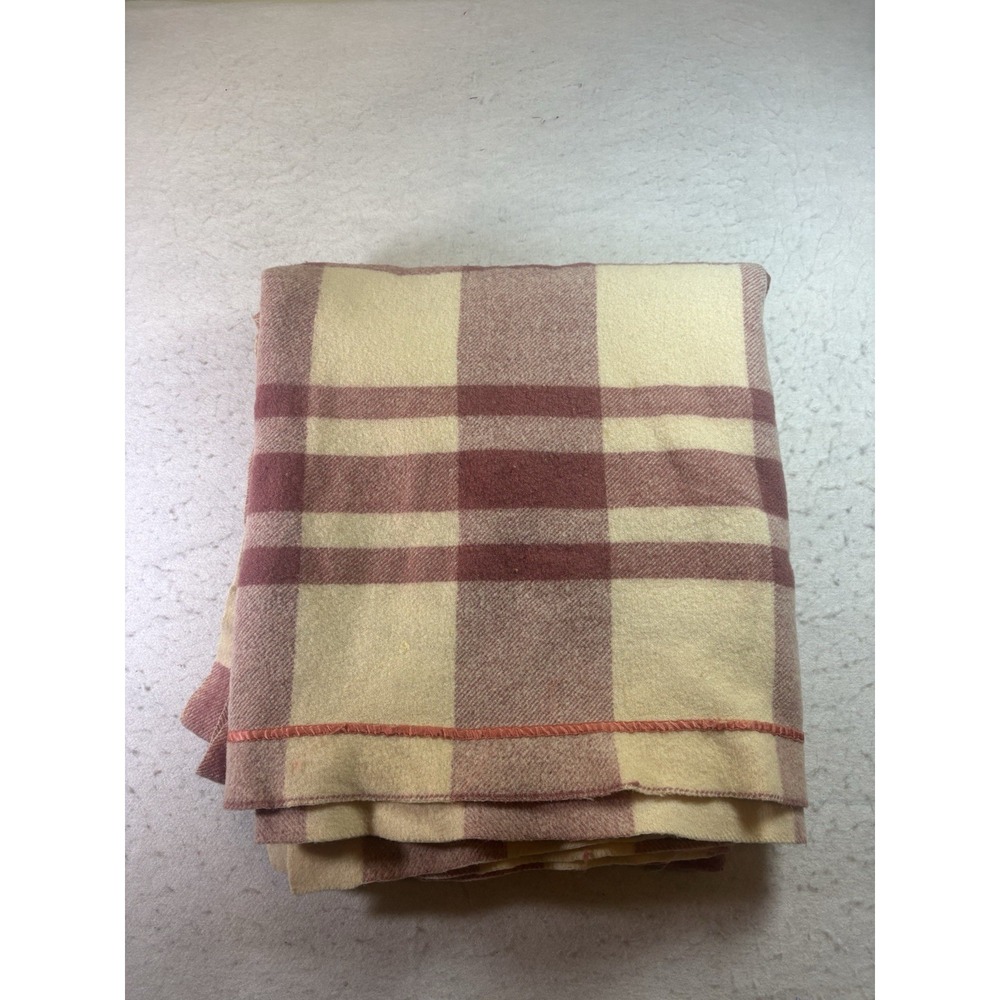Vintage Wool Plaid Blanket 72x60 Cream & Maroon Camping Cabin Winter Warm